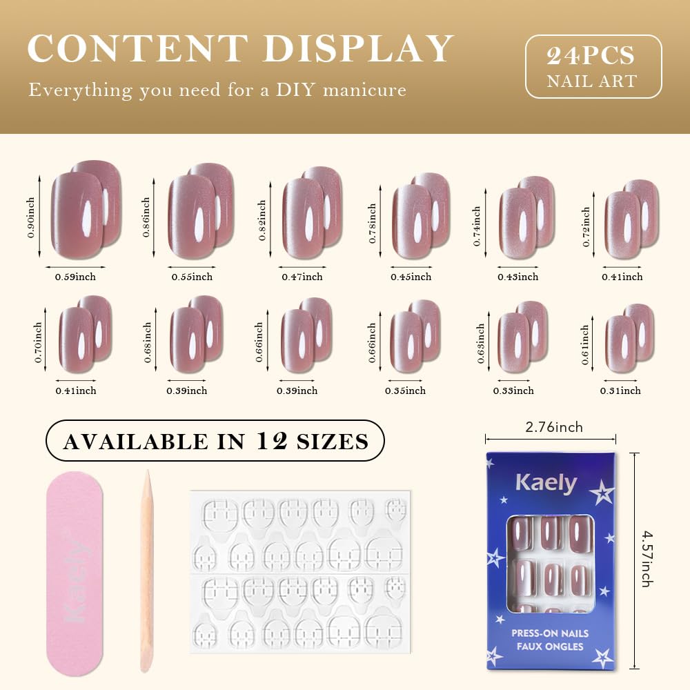 evpct Mauve Pink Cat Eye Press on Nails Medium Square No Glue, Medium Square Press Stick on Nails Chrome for Women Gift, Mauve Holographic Glitter Glossy Reusable Acrylic Fake Nail with Cateye Designs