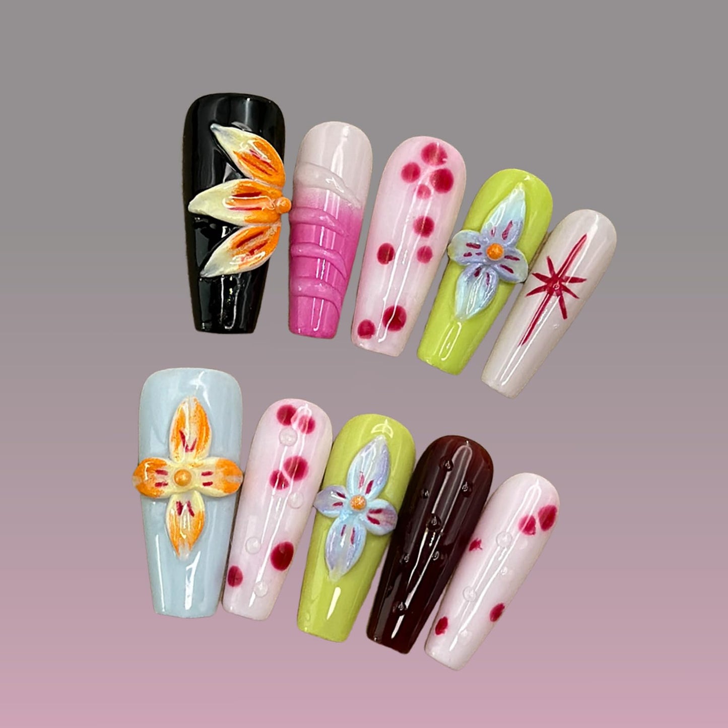 Luxury Press on Nails Medium Coffin Handmade 3D Unique Reusable ABS Material Fake Nails Colorful False Nails with Designs Blue Orange Flower Art Petal Glossy Glue on Nails Thick Acrylic Nails(M)