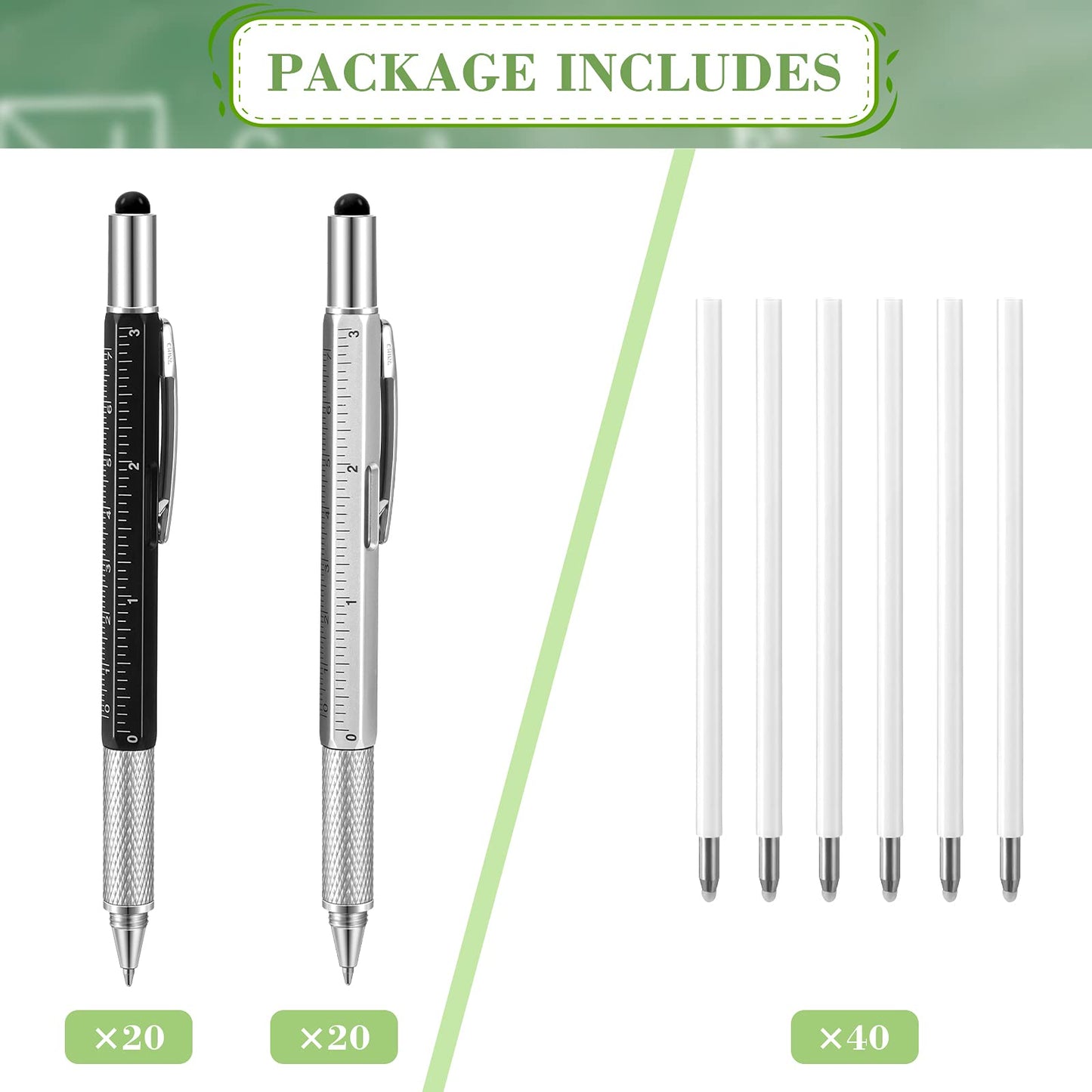 40 Pieces Multi-tool 6 in 1 Ballpoint Pen Multi-function Screwdriver Pen with Ruler Level Gauge and 40 Pieces Black Ink Refills Men Father Teacher Gifts for Father Day