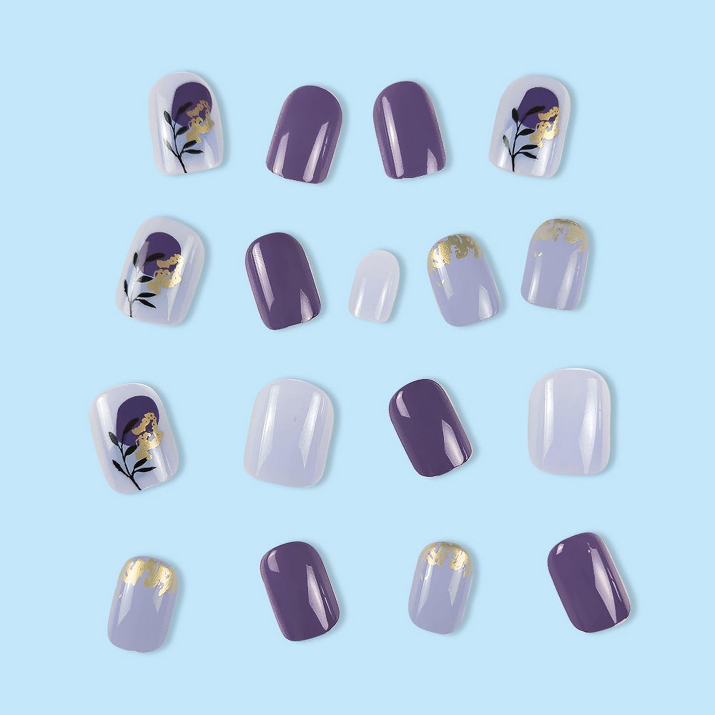 24pcs Purple Press on Nail Short Square Fake Nails with Leave designs Gold Foil Acrylic Artificial Stick on Nail Glossy Full Cover Spring False Nails Reusable Glue on Nails for Women Summer