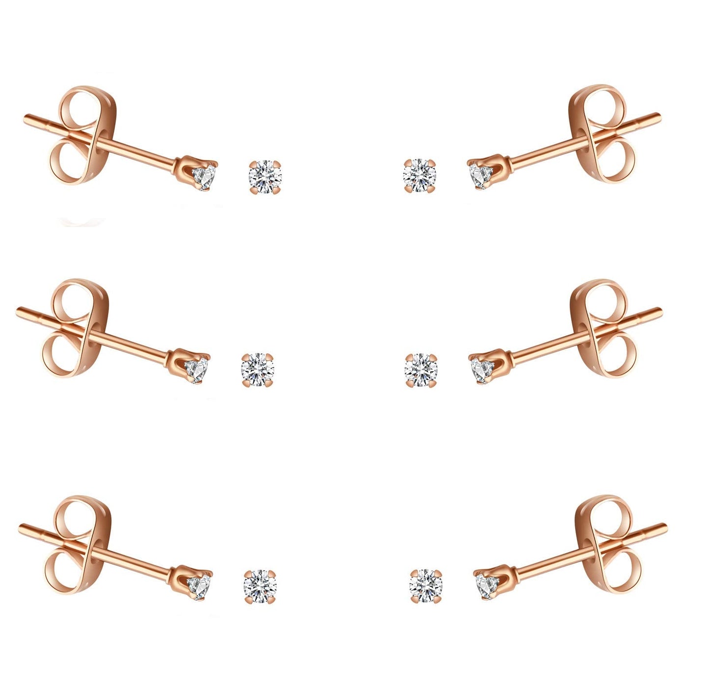 FOSIR 6 Pairs 2mm Tiny Women's 14K Rose Gold Plated Stainless Steel Round Clear Cubic Zirconia Stud Earrings