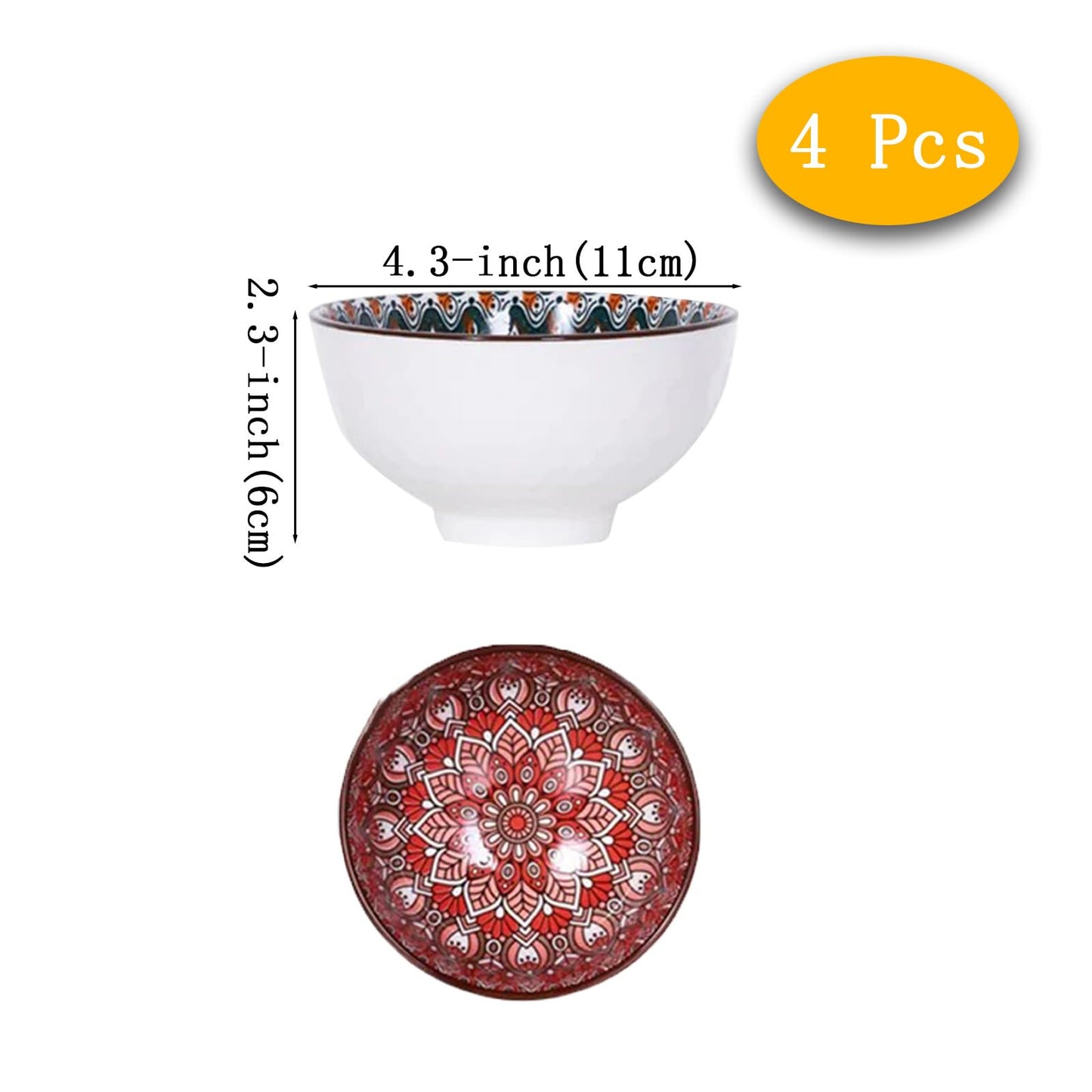 AQUGOO 4 Pcs Ceramic Bowls Set, Bohemian Style Colorful Bowl, Ceramic Rice Bowls 10 oz, New Year Gift Set, Housewarming Gift, Dishwasher & Microwave Safe Bohemian Bowls Sets