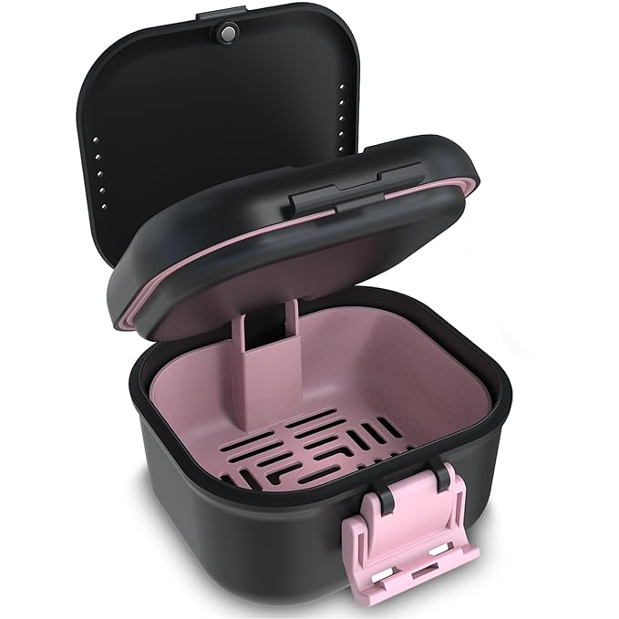 BVN Leakproof Denture Cup, Upgraded Carrying Storage, Denture Bath Box with Filter, Denture Cup for Soaking Dentures, Travel Retainer Cleaning Case (Black+Pink).