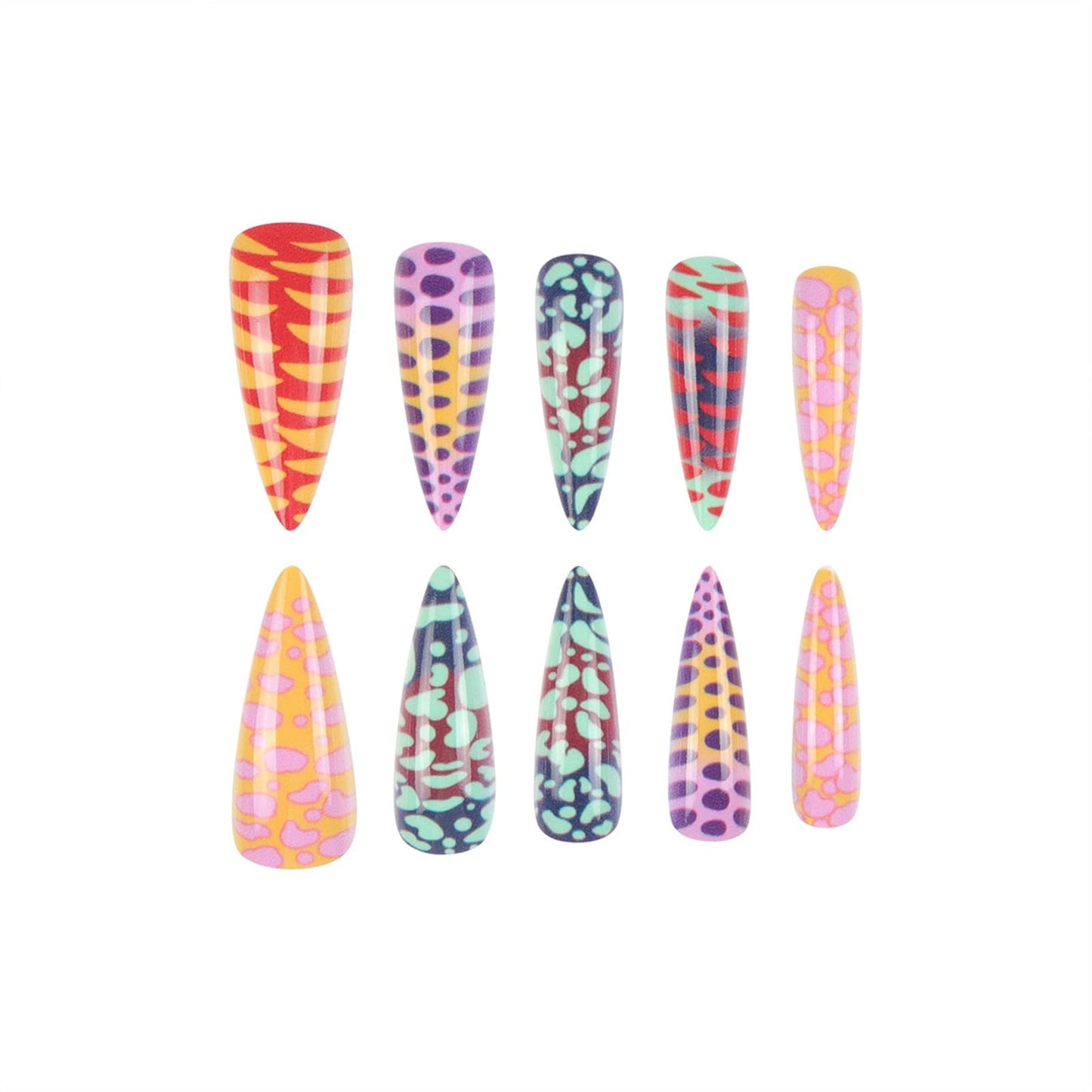 SINHOT Stiletto Press on Nails - Long Fake Nails, Glossy Finish, Colorful Ombre & Abstract Graffiti, DIY Artificial False Nail Art - 24 Pcs Nail Kit with Glue