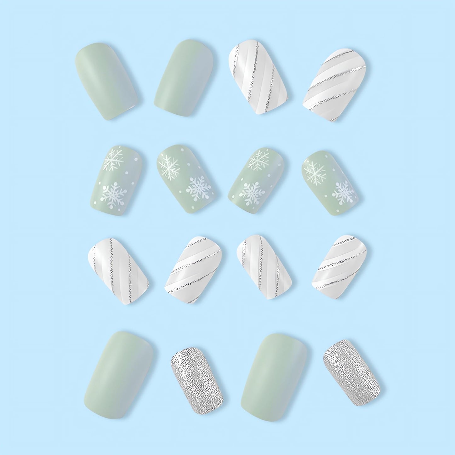IMSOHOT Press on Nails Square Medium Fake Nails Green Glitter Full Cover Acrylic False Nails Glossy Glue on Nails with White Snowflake Designs 24Pcs