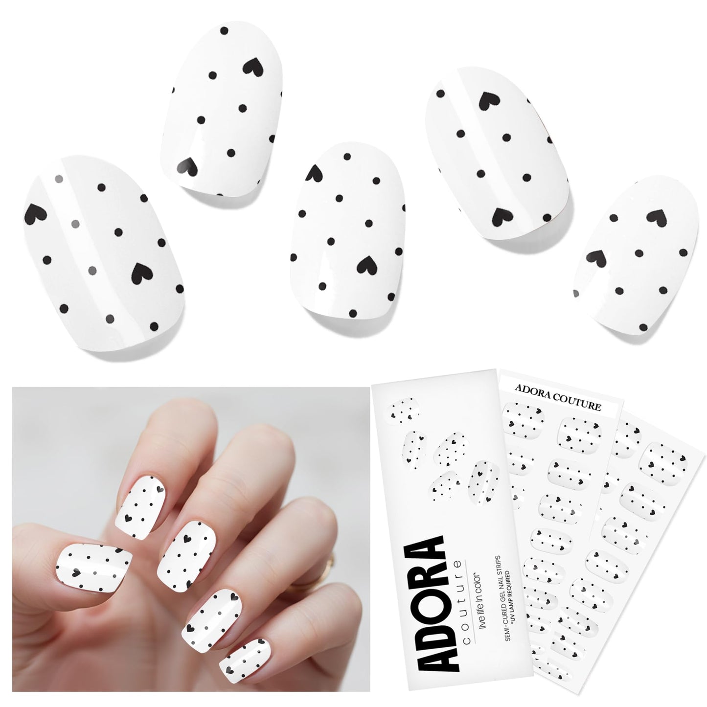 Adora Couture Semi Cured Gel Nail Strips with 30 Pieces - UV Gel Stickers, Manicure Kit, Easy Application Wraps Includes Prep Pads, Nail File, Wooden Stick - UV Light Required (Dot de Luxe)