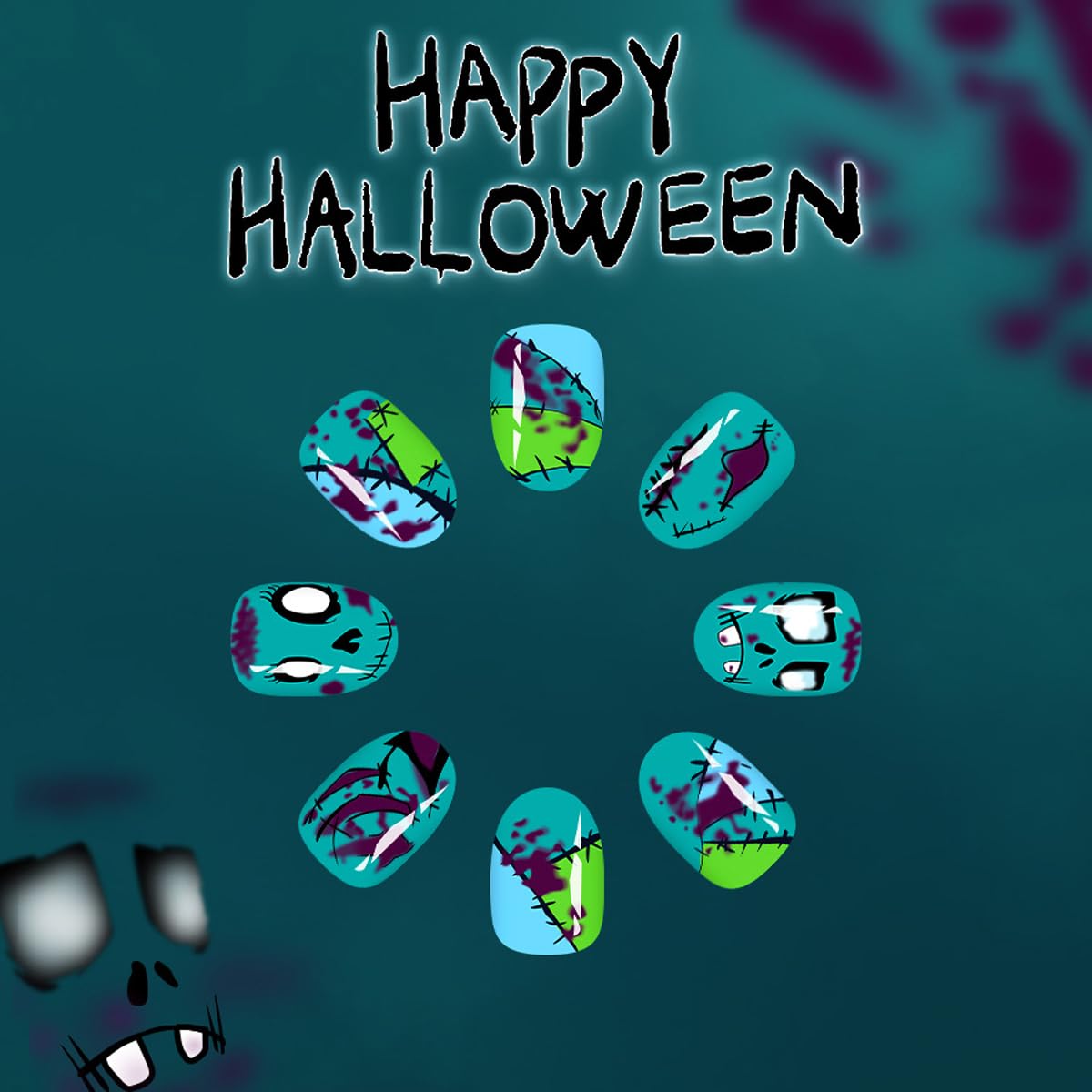 Halloween Green Press on Nails Short Oval Fake Nails Goth Nails Press ons with Zombie Bloodstain Design-Reusable Artificial Nail Full Cover Glossy Glue on Nails Stick on Nails for Women Manicure 24Pcs
