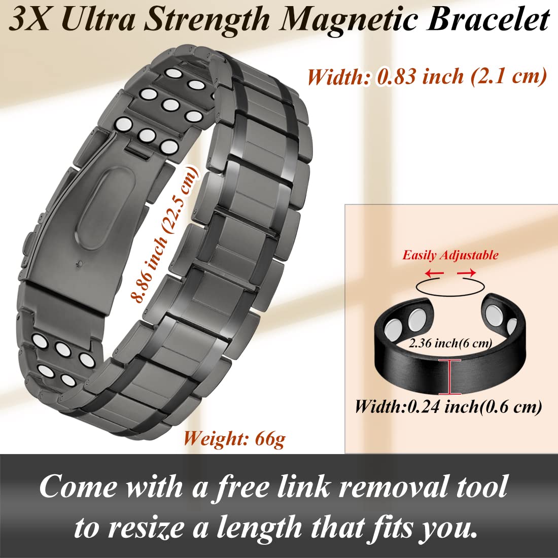 Cigmag 3X Magnetic Bracelets for Men Upgrade Folding Clasp Titanium Bracelet & Copper Ring Adjustable Set with Sizing Tools