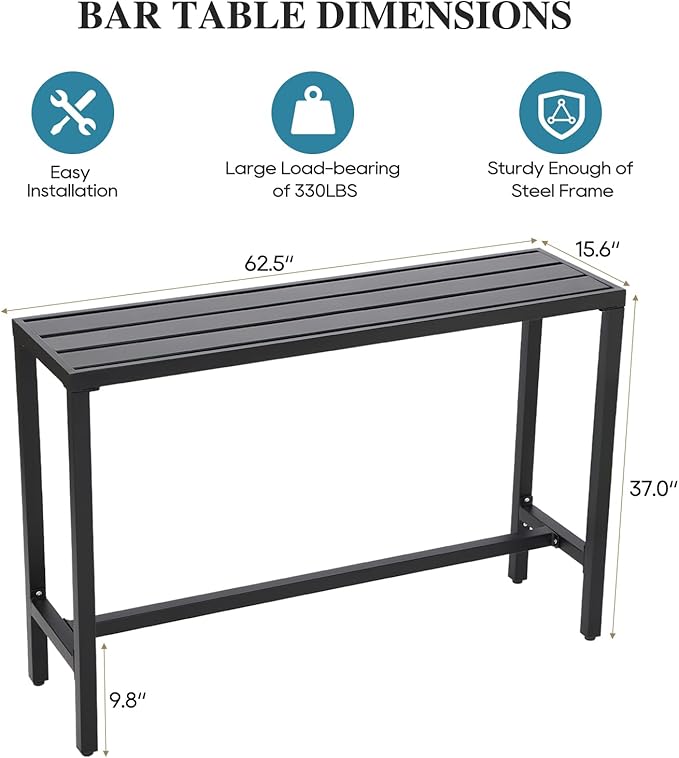 Outdoor Bar Table, Patio Console Pub Height Table with Powder Coated Steel Frame, Weather Resistant Waterproof Top for Hot Tub, Balcony, Garden, Yard, Poolside