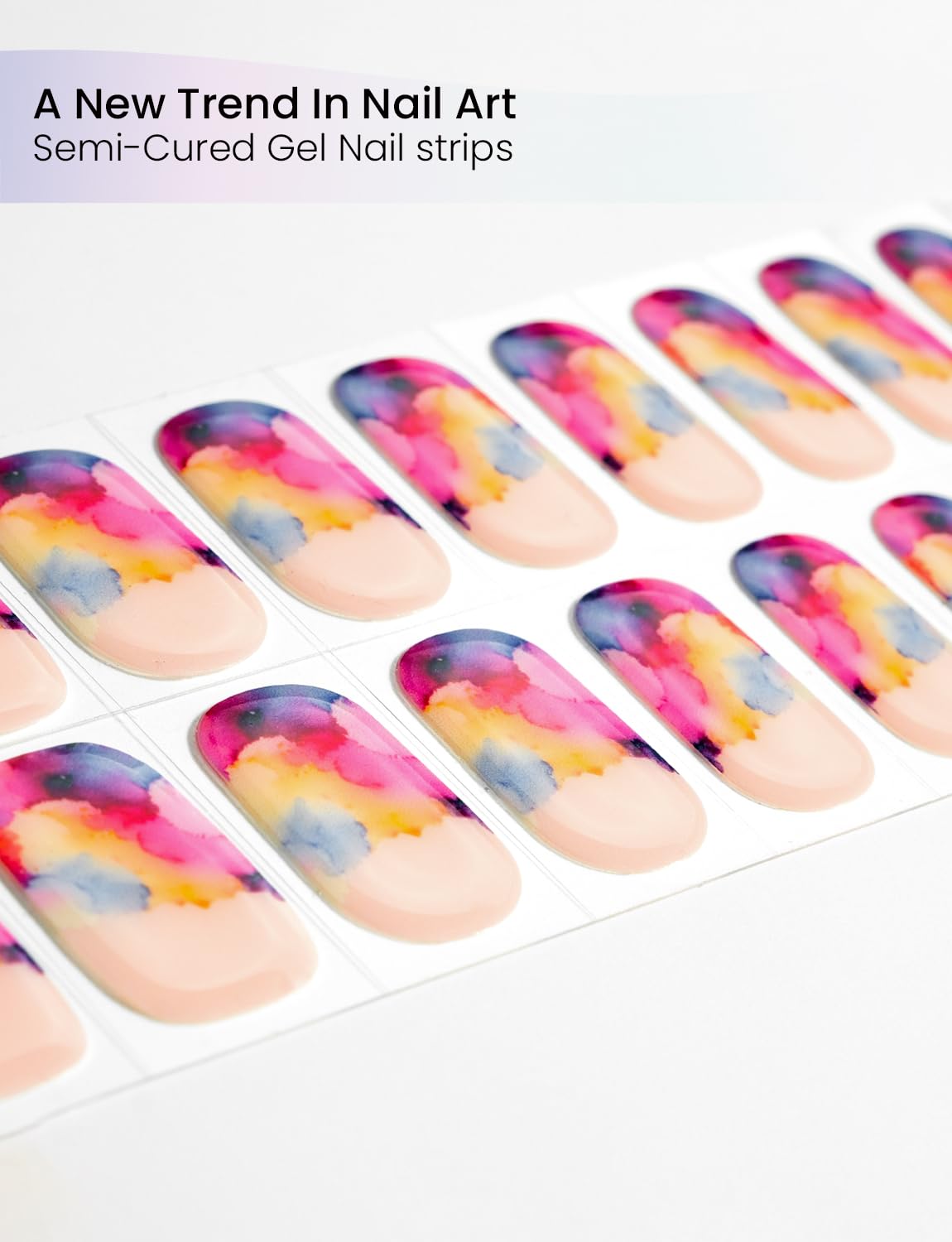 Oauee Semi Cured Gel Nail Strips | Built-In Gel Top Coat | UV Light Required | Salon Quality, Easy Application And Removal (Ink Blot Rainbow）
