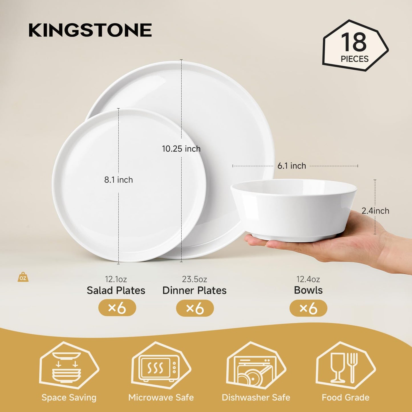 KINGSTONE Bone China Dinnerware Sets for 6, 18-Piece Lightweight Porcelain plates and bowls sets, Scratch Resistant Dish Set, Kitchen Dinner Set, for Home, Party, Gift, Microwave & Dishwasher Safe