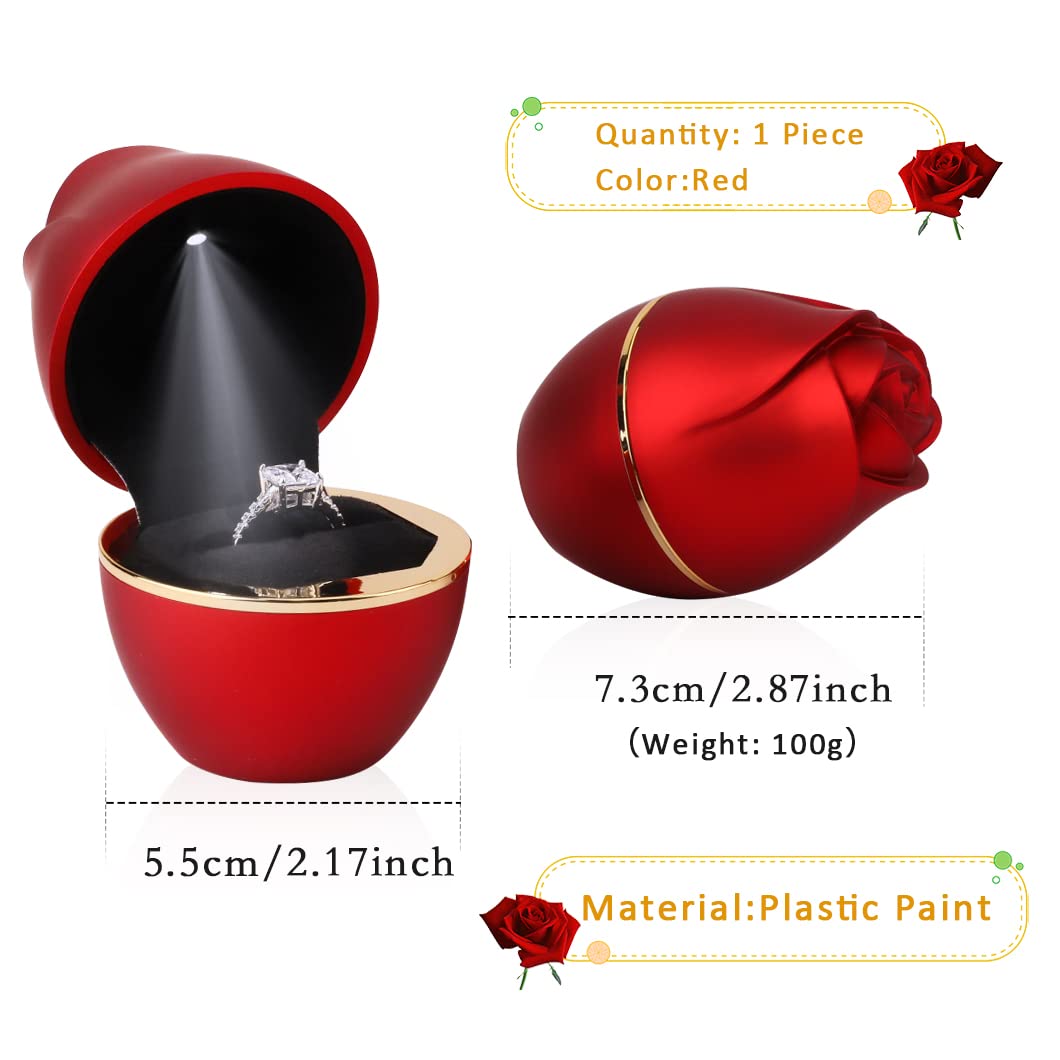 Rolin Roly Red Ring Box with LED Light Rose Jewelry Ring Case Jewellry Display Gift Boxes for Mother's Day Wedding Ring Box Ceremony Engagement Proposal Anniversary