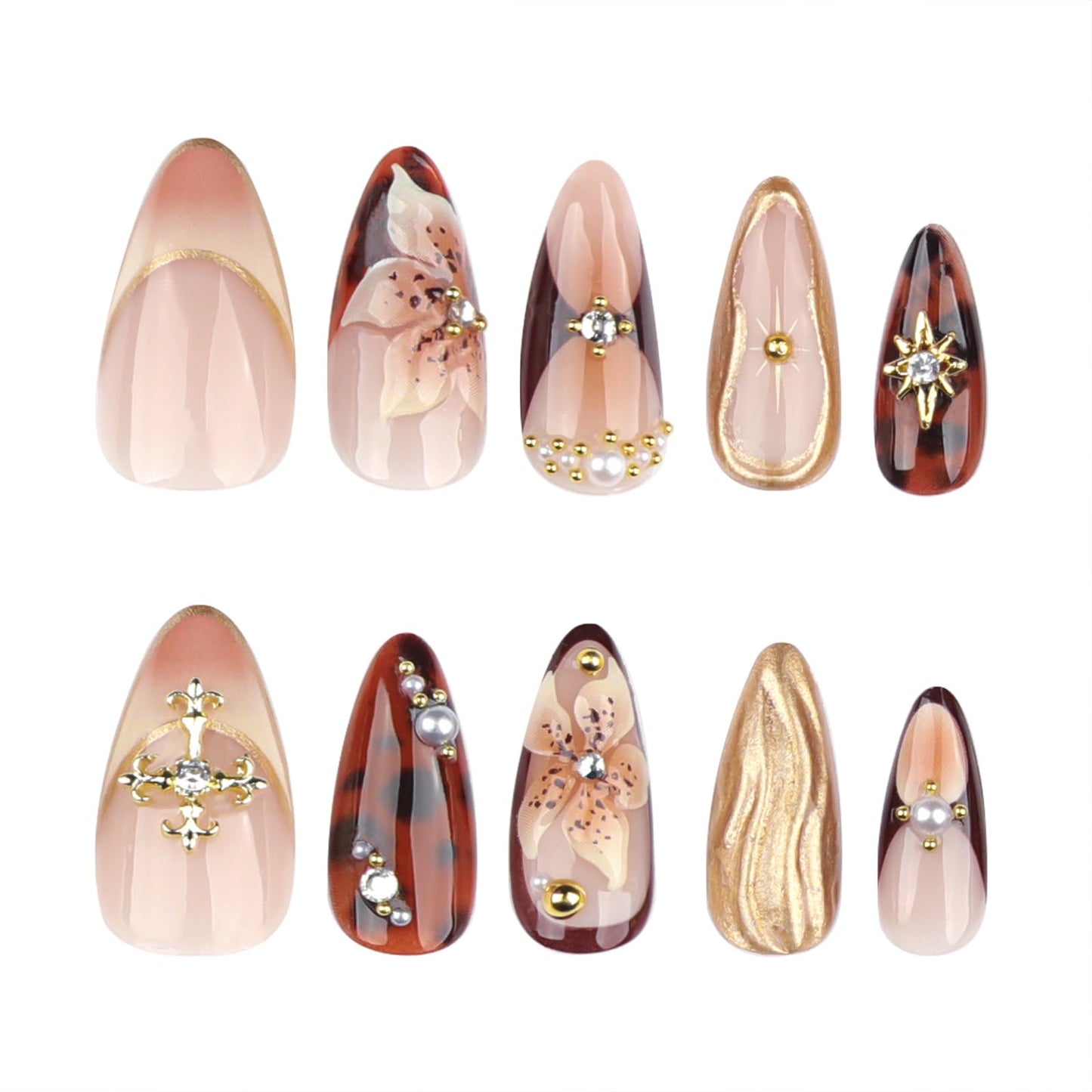 Mivota Medium Long Press on Nails Almond Brown Fake Nails with 3D Flowers Artificial Nails Gold Charm Designs, Thick Reusable Glue On Nails Fall Handmade Nails Floral Stick on Nails for Women 24Pcs