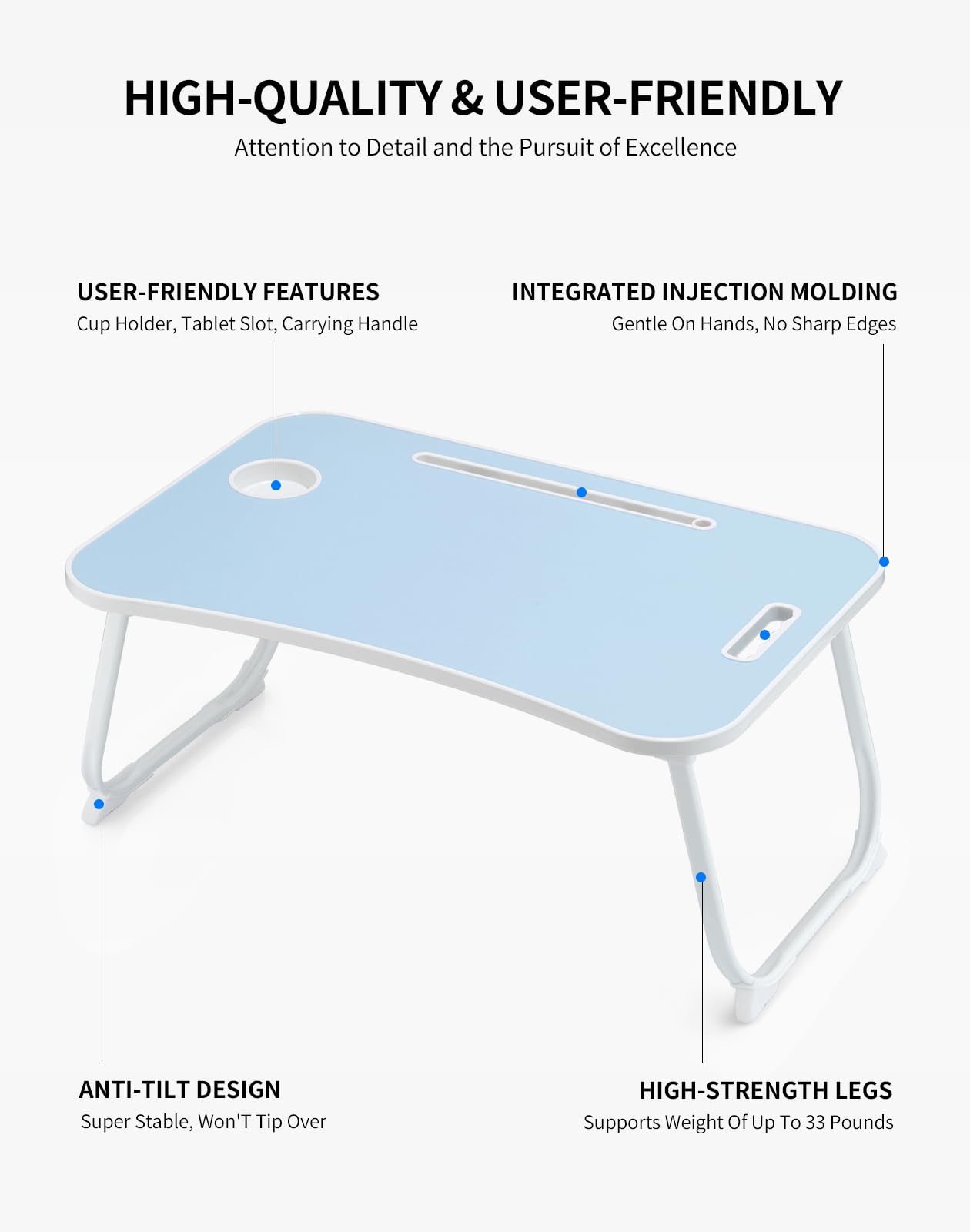 ZEAPTAC Laptop Bed Desk, Foldable Lap Desk, Portable Lap Table, Laptop Stand with Cup Holder & Tablet Slot & Lifting Handle for Working Writing Drawing & Eating - Blue