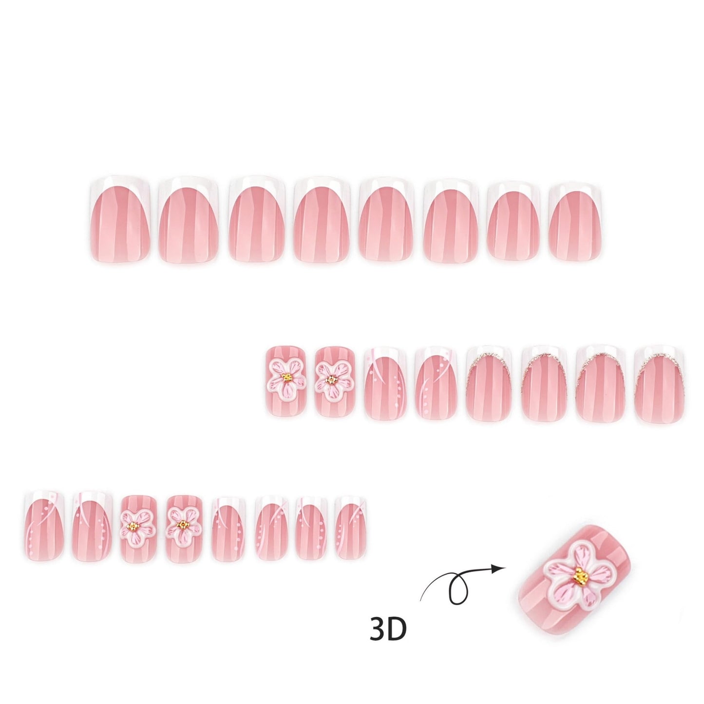 Medium Press on Nails Square Fake Nails Nude Pink French Artificial Nail 3D Flower Gold Glitter Stick on Nail for Women 24pcs