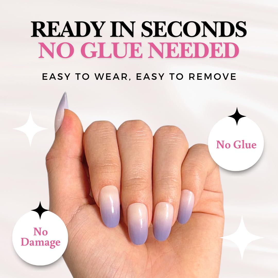 PerfectLook Press On Nails - Lavender Mist | No Glue One-Day Short Oval Nails, Nude to Purple Ombre Glossy Nails - 24 Pcs Nail Kit with Adhesive Tabs
