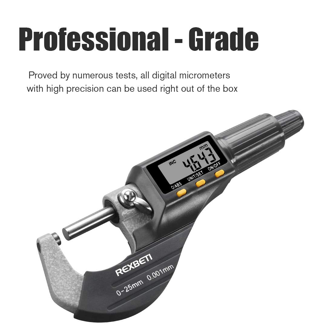 REXBETI Digital Micrometer, Professional Inch/Metric Measuring Tools 0.00005"/0.001 mm Resolution Thickness Gauge, Protective Case with Extra Battery