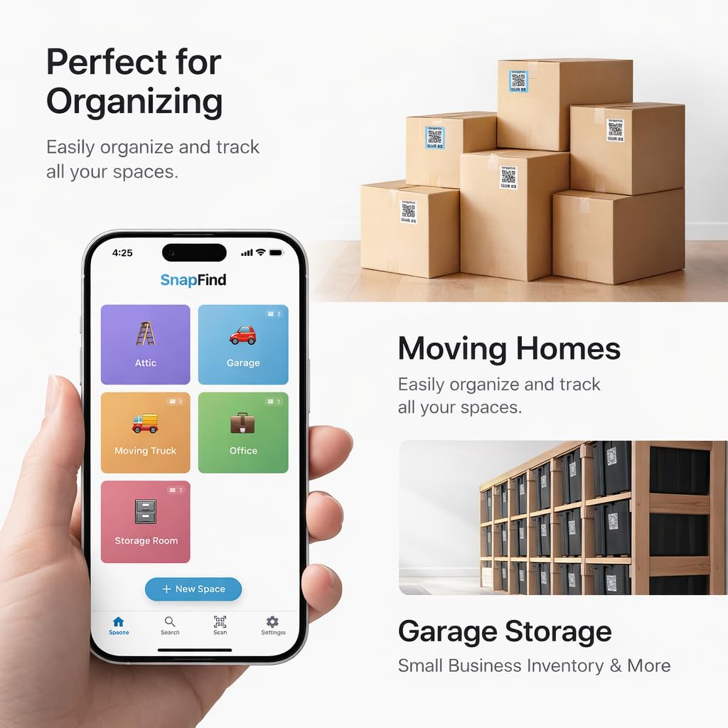 SnapFind Smart QR Code Labels – AI Auto-Labeling, No Typing! Storage Bins & Moving Containers – iOS and Android App – 48 Color-Coded Stickers (2.5" x 2.5")