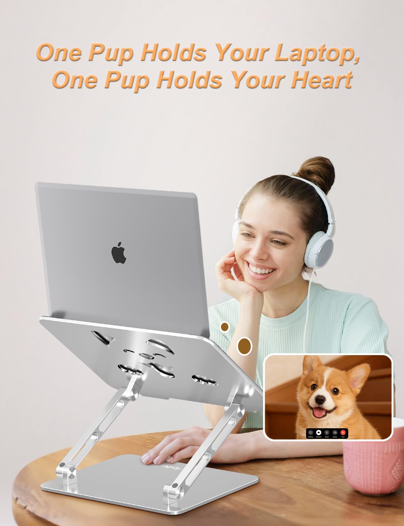 Aoviho Laptop Stand for Desk-Adjustable, Foldable, Portable, Ergonomic Aluminum Notebook Riser with Unique Puppy Cooling Vent, Desk Gift for 10"-17.3" Devices Mac, Dell, HP, Lenovo, Samsung, Silver