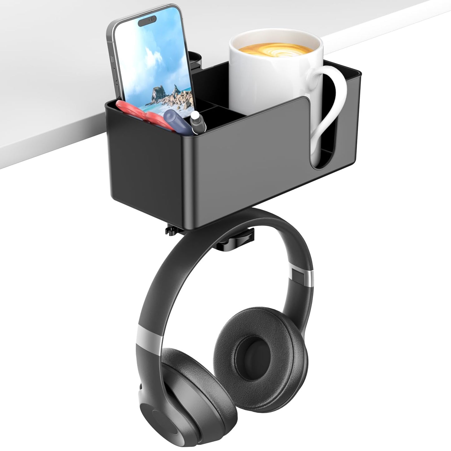 KDD 4 in 1 Desk Cup Holder - Clamp on Under Desk Headphone Hanger - Rotating Headphone Holder Detachable Pen Cup Holder Desktop Storage for Cup, Phone and Pen(Black)