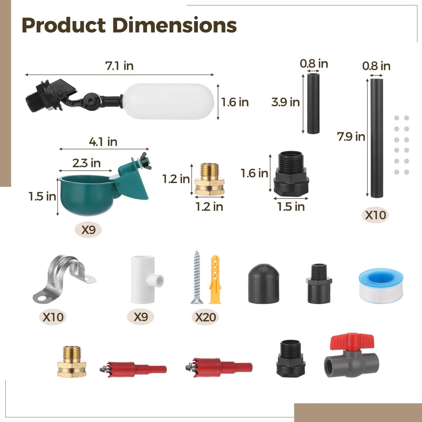 Complete Chicken Automatic Waterer System Kit - Includes 9 Chicken Water Cups, PVC Pipe, T-Joints, Float Valve, Poultry Watering, DIY Chicken Water Feeder for Broiler, Duck, Goose, Farm Birds