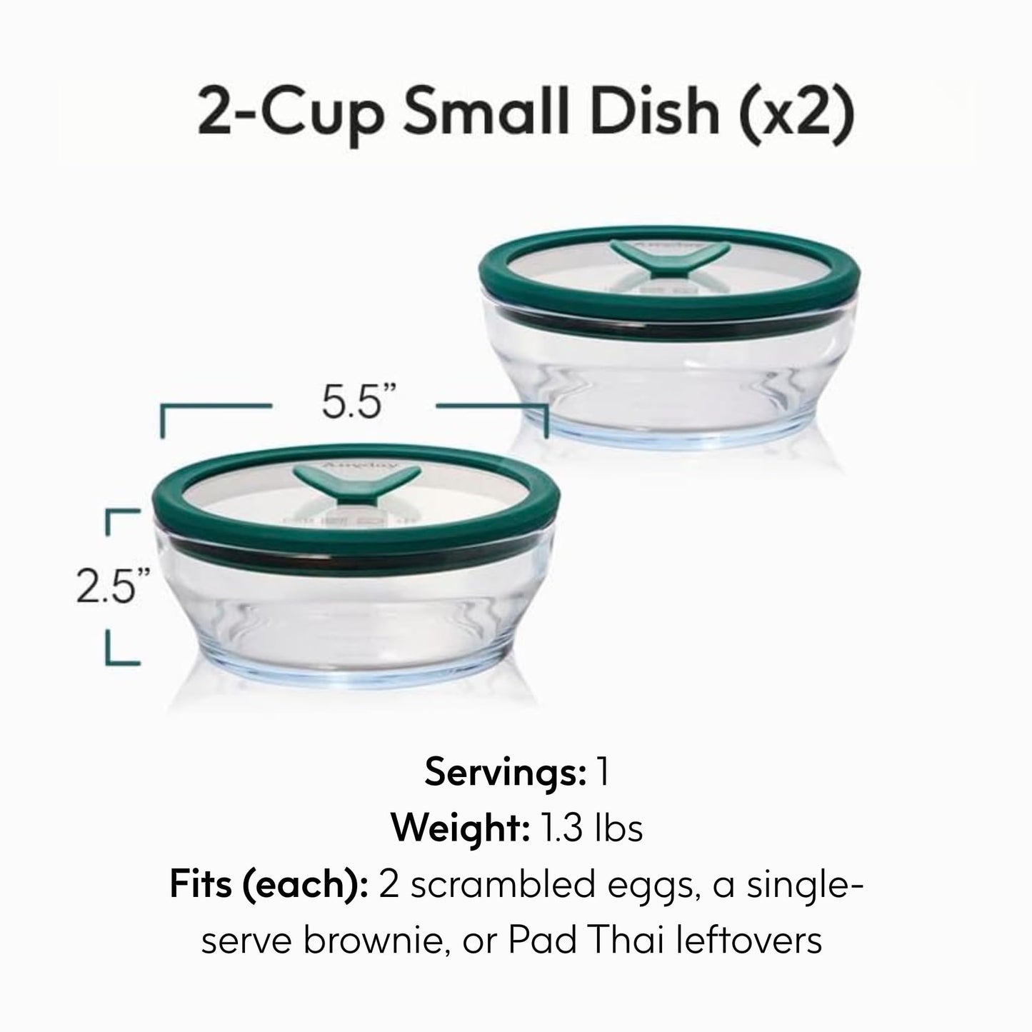 Anyday 2-Pack (2-Cup) Glass Food Storage Set with Glass Lids | Plastic-Free Meal Prep Set | Stackable Airtight Storage Container Set with Vented Lid for Microwave-Safe Reheating