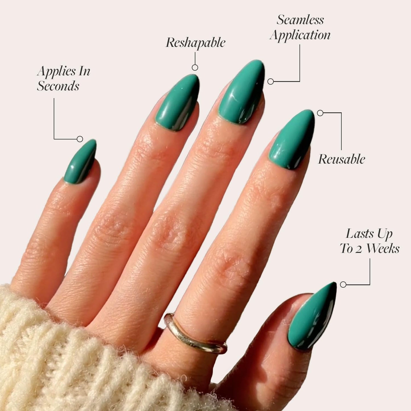 Glamnetic Press On Nails - Emerald Green | Opaque Cool Tone, Deep Emerald Green Short Almond Fake Nails, Salon Quality | 15 Sizes - 30 Nail Kit