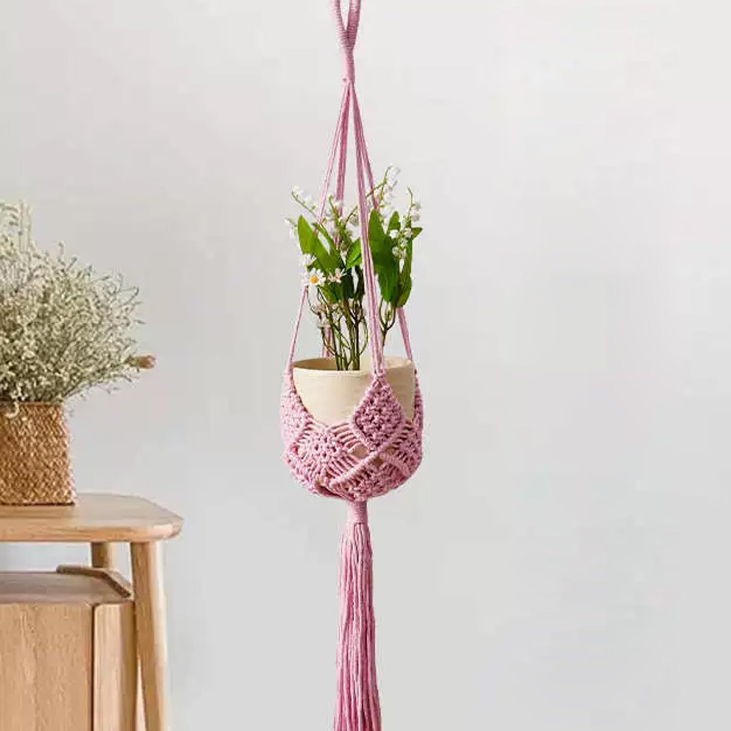 verkelly 2 Pack Macrame Hanging Planters with Patterns - Stylish Plant Hangers Crochet Boho Plant Holder Hanging Plant Basket for Up to 6 Inch Pots(Pink)