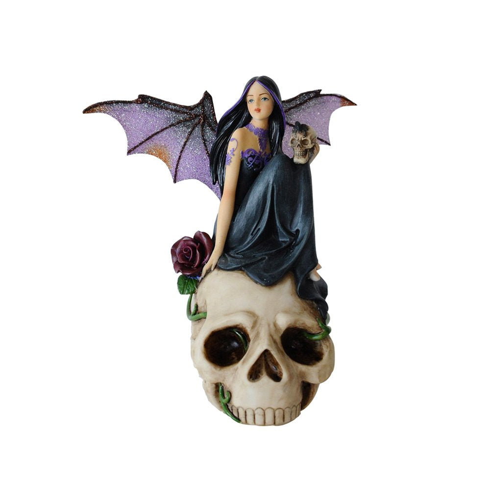Comfy Hour 7" Dark Fairy Sitting on Skull Figurine, Gothic Fantasy Statue with Mystical Wings, Unique Home Office Desktop Decor Accent, Polyresin Artisan Crafted Sculpture, 1 Unit