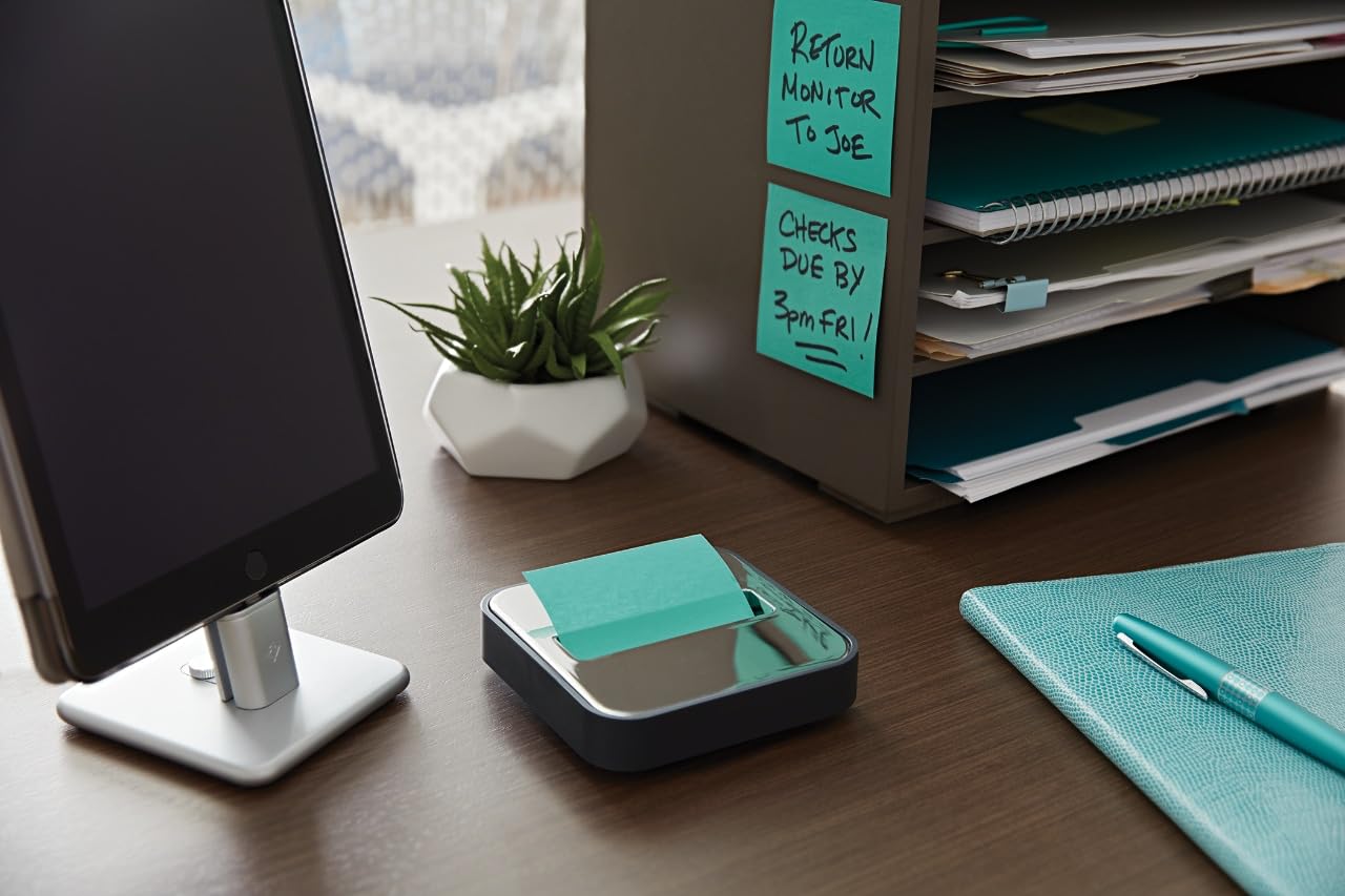 Post-it Note Dispenser with Post-it Pop-up Notes, Black Base with Steel Top, 1 Aqua Splash 3 in. x 3 in. Super Sticky Note Pad, Classroom or Office Supplies - 2 Pack