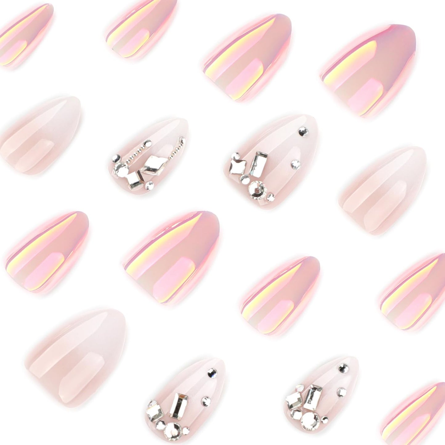24Pcs Short Almond Press on Nails 3D Sparkly Rhinestone Fake Nails White Gradient French False Nails Holographic Blush Mirror Design Artificial Nails Metallic Glossy Full Cover Acrylic Nail for Women