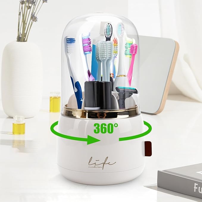 EEEKit Toothbrush Holder with Lid, 360° Rotating 7-Slot Organizer for Bathroom Countertop, Toothpaste Stand and Storage Rack