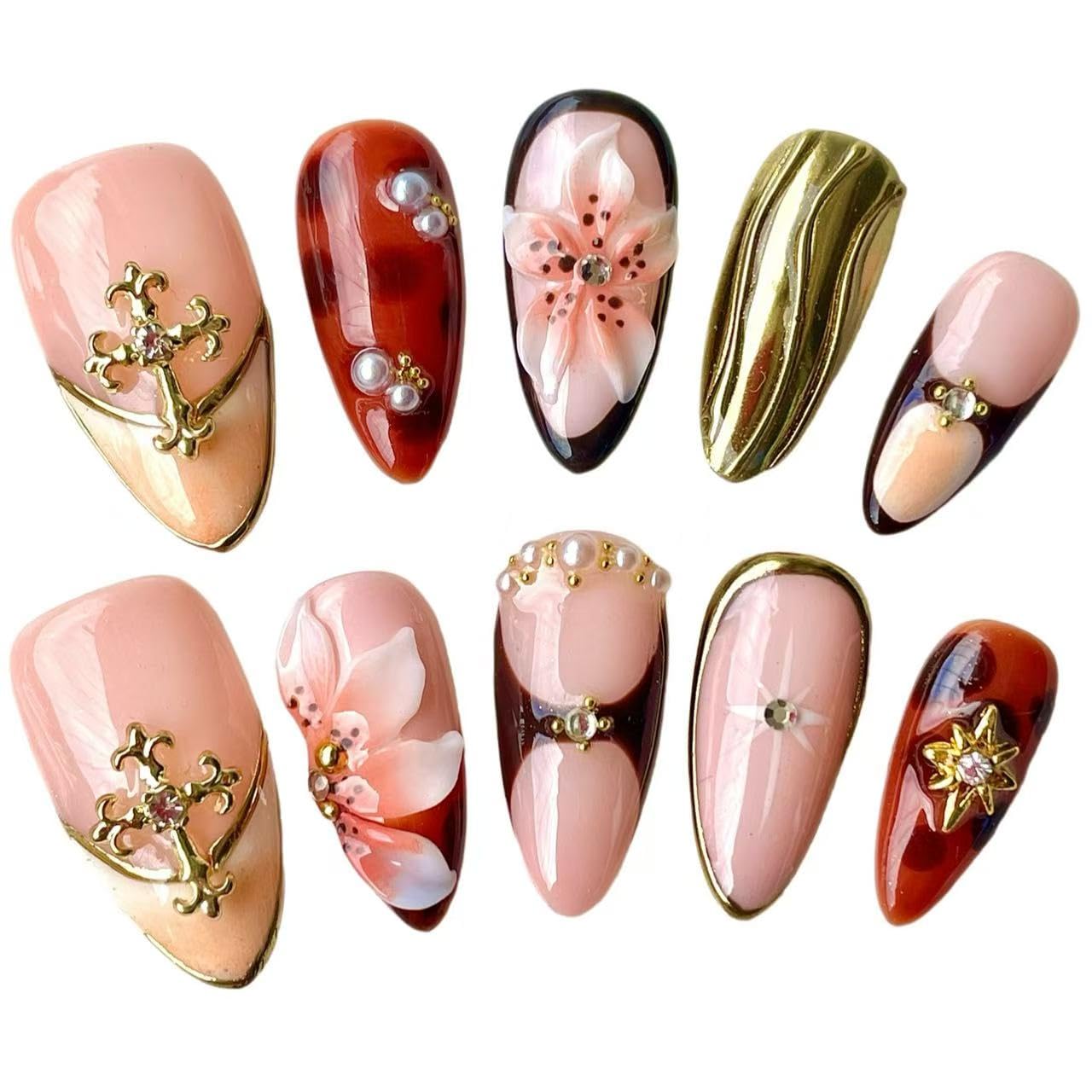 Handmade Press On Nails Medium Almond 10 Unique 3D Floral Designs Gold Filigree Crosses Caramel-Brown & Peach Blossoms | Reusable Acrylic False Nails for Women (Brown, S)