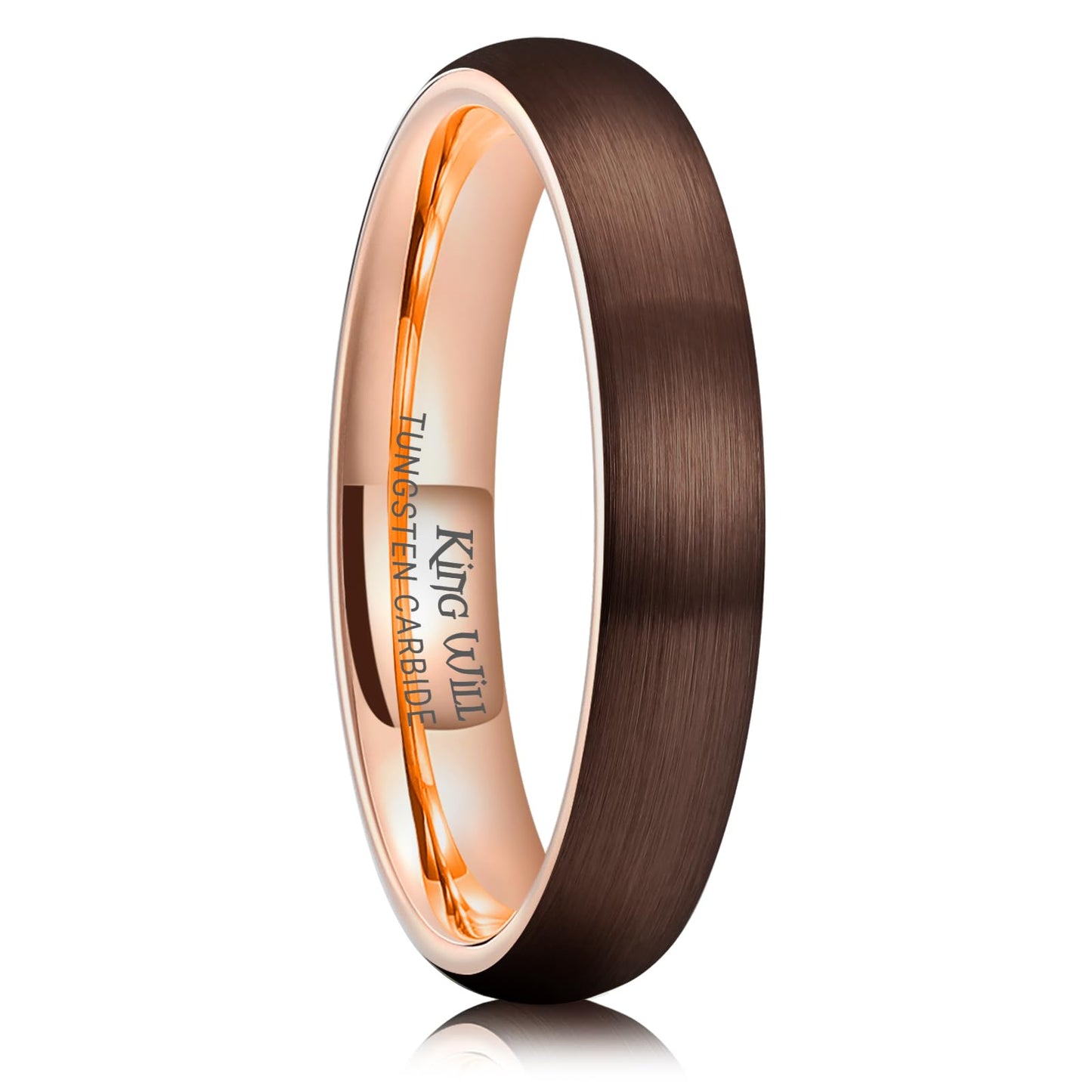 King Will 4mm Brown & Rose Gold Plated Wedding Band for Women Men, Domed Brushed Two Tone Tungsten Carbide Rings for Men, Comfort Fit, Durable, Size 10.5