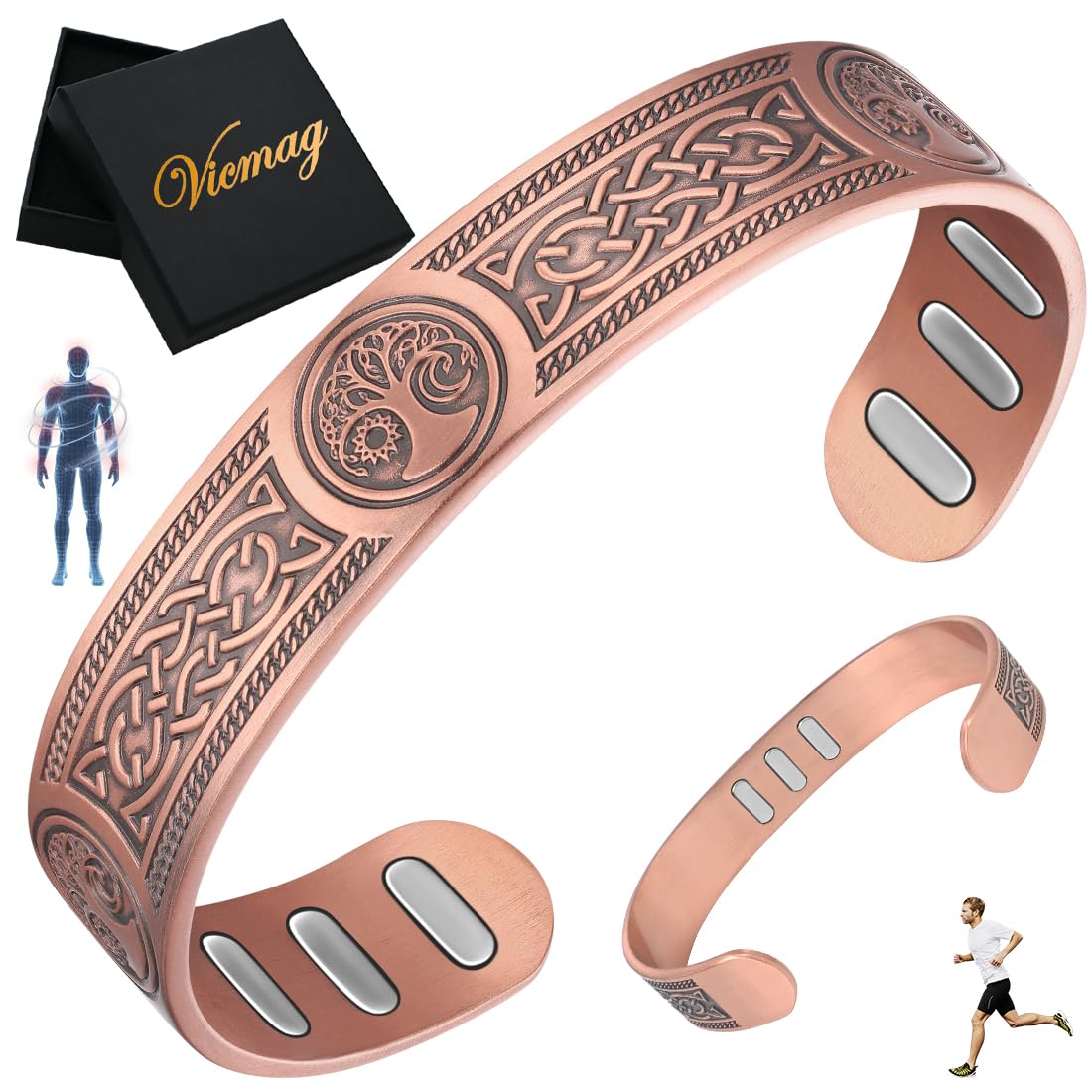 Vicmag Copper Bracelet for Men 9X Strength Magnetic 99% Pure Copper with 5000 Gauss Magnets, Tree of Life Present Box Adjustable(Viking & Sun Moon Tree)