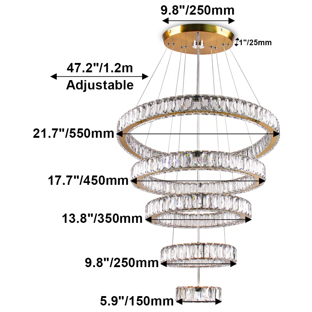 Dixun LED Big Crystal Chandeliers Modern 5 Rings Pendant Light Adjustable Ceiling Light for Bedroom Dinning Room Kitchen (Multicolor,Control by Switch)