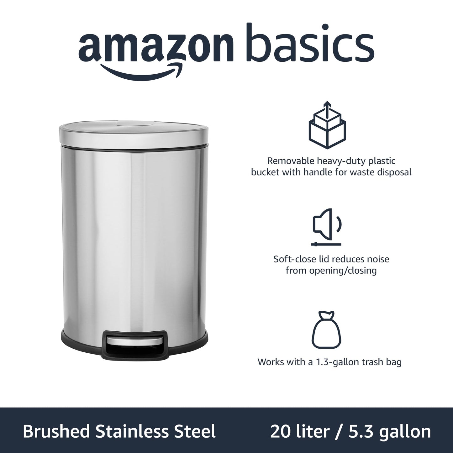 Amazon Basics Round Cylindrical Trash Can with Soft-Close Lid, Foot Pedal, Removable Inner Bucket, Smudge Resistant, 20 l/5.3 gallon, Brushed Stainless Steel