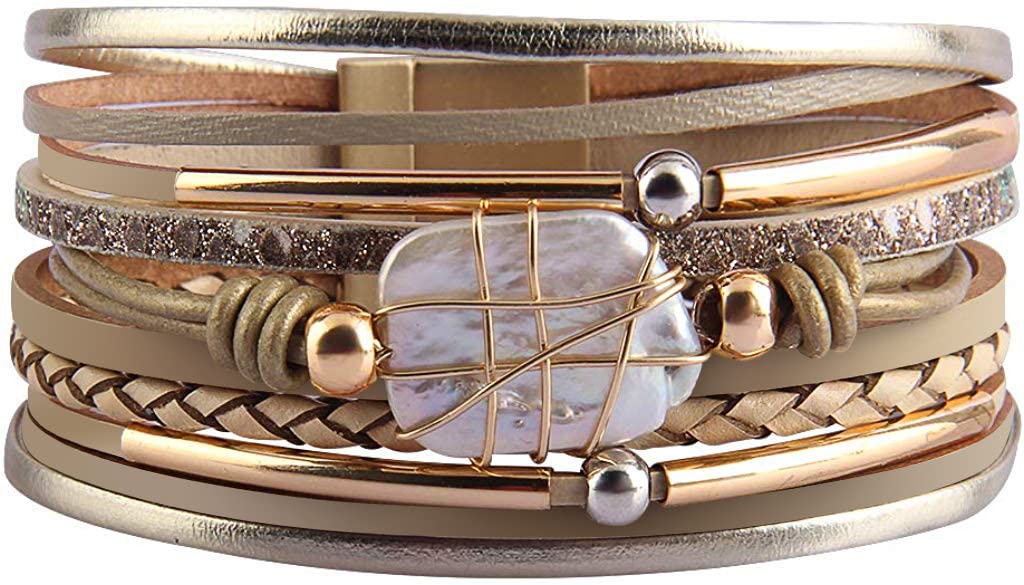 Fesciory Leopard Bracelet for Women, Boho Leather Wrap Multi-Layer Pearl Crystal Bracelet Bangle Jewelry(Leather(Pearl))