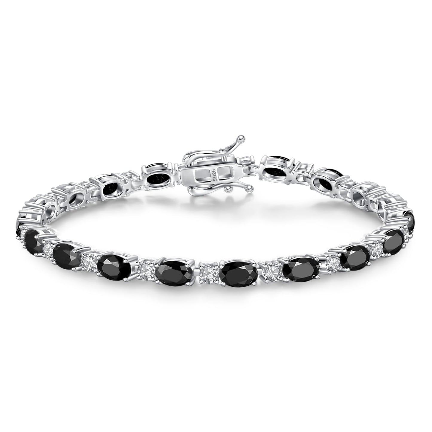 FANCIME Sterling Silver Created Black Onyx Tennis Bracelet Birthstone Bracelet Oval Black CZ Gemstone Dainty Fine Jewelry Gift for Women 7"