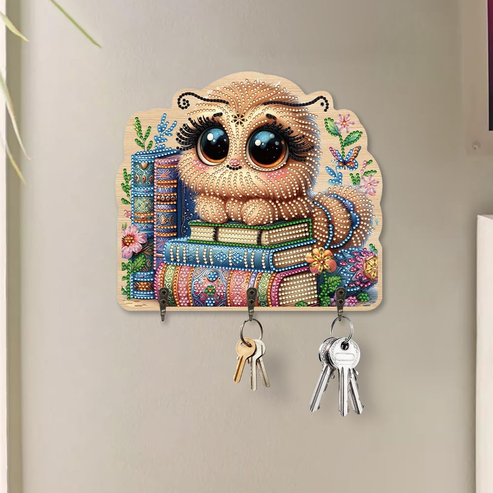 Diamond Art Pianting Key Holder, Cute Caterpillar Wall Organizer with 3 Hooks & Adhesive Backing, DIY Entryway Decor for Keys, Unique Functional Craft Gift for Women, Home Office Organization