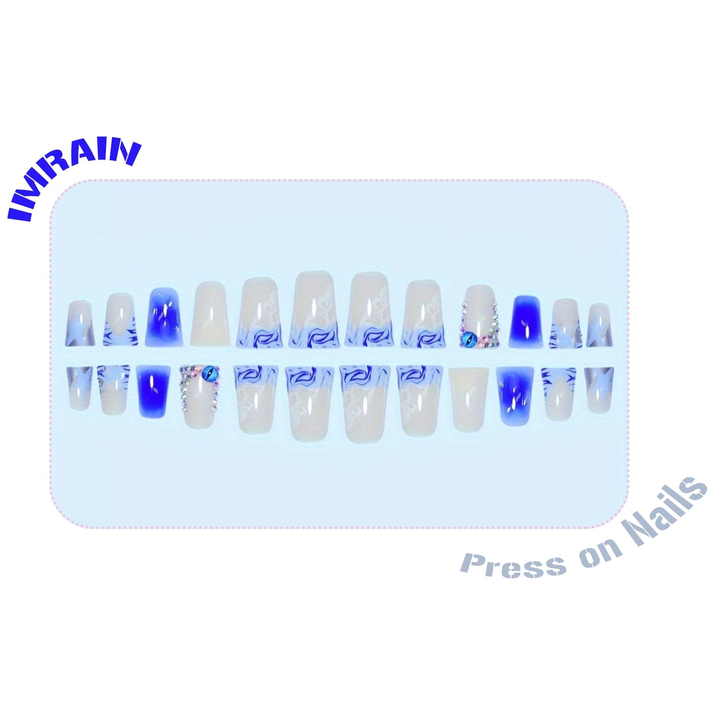 IMRAIN Press on Nails Medium Duck Fake Nails Blue French Tip False Nails with Rhinestone Design Stick on Nails for Women