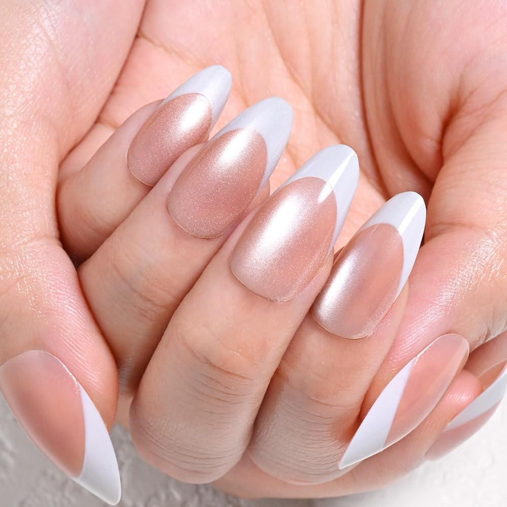 evpct Brown Cat Eye French Tip Press on Nails Almond Medium No Glue, White French Tip Medium Almond Holographic Stick on Nails for Women, Reusable Full Cover Soft Press on Nail Perfectly with Design