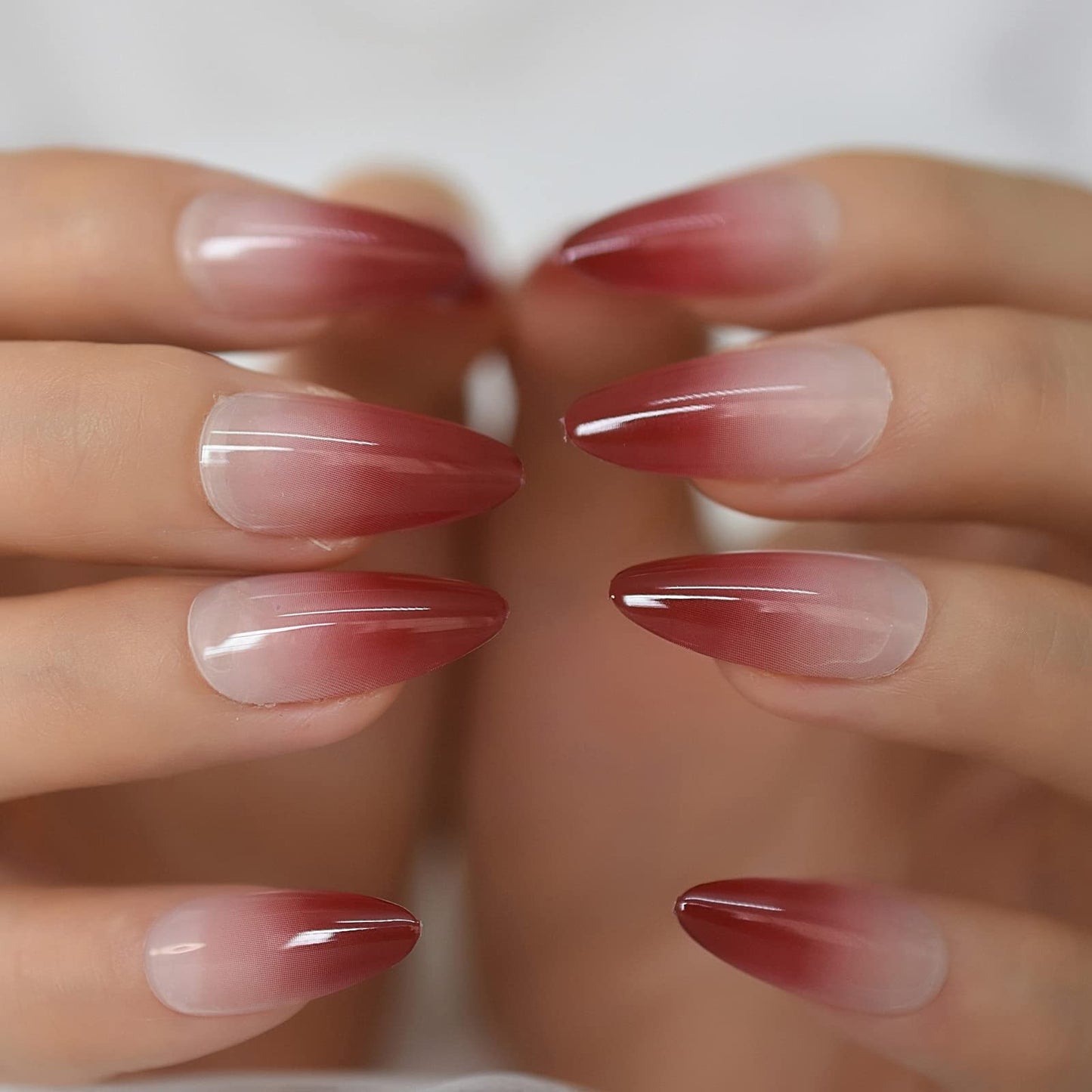 Coolnail Red Ombre Press on Nails Gradient UV Finish Design Medium Long Almond Shape False Fake Nail Pointed Reusable Nail Kit for Women