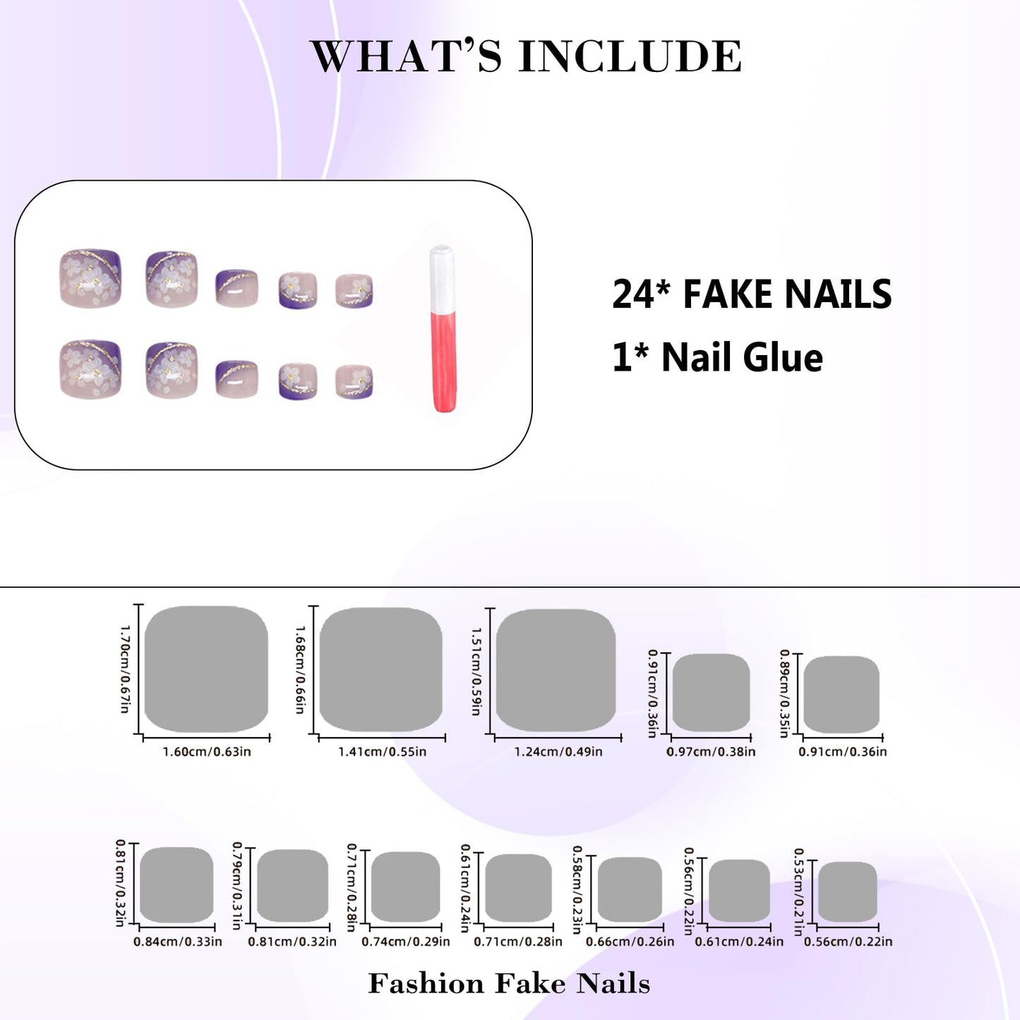 IMRAIN Flower Press on Toenails Short Square Fake Toe Nails Purple Gradient Glossy Acrylic False Toenails Glossy Full Cover Summer Artificial Stick on Nails for Women 24Pcs