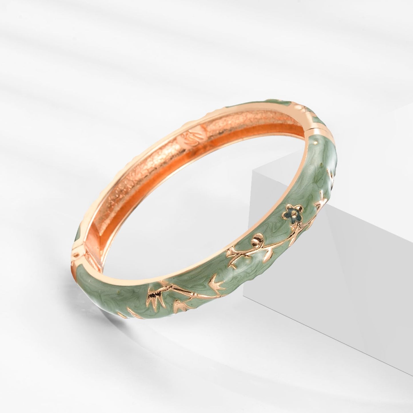 UJOY Bangles 5 Pcs Enamel Jewelry Set Rose Flower Engraved Cloisonne Bracelets Pack in a Box 5PCS Green