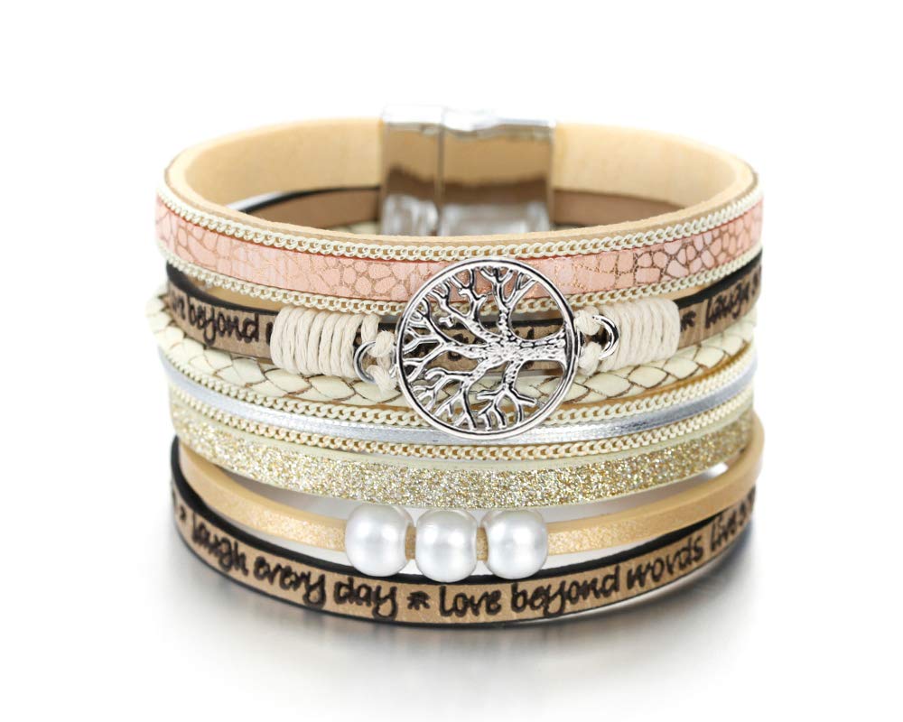 Fesciory Leopard Bracelet for Women, Boho Leather Wrap Multi-Layer Pearl Crystal Bracelet Bangle Jewelry(Tree of Life(Beige))