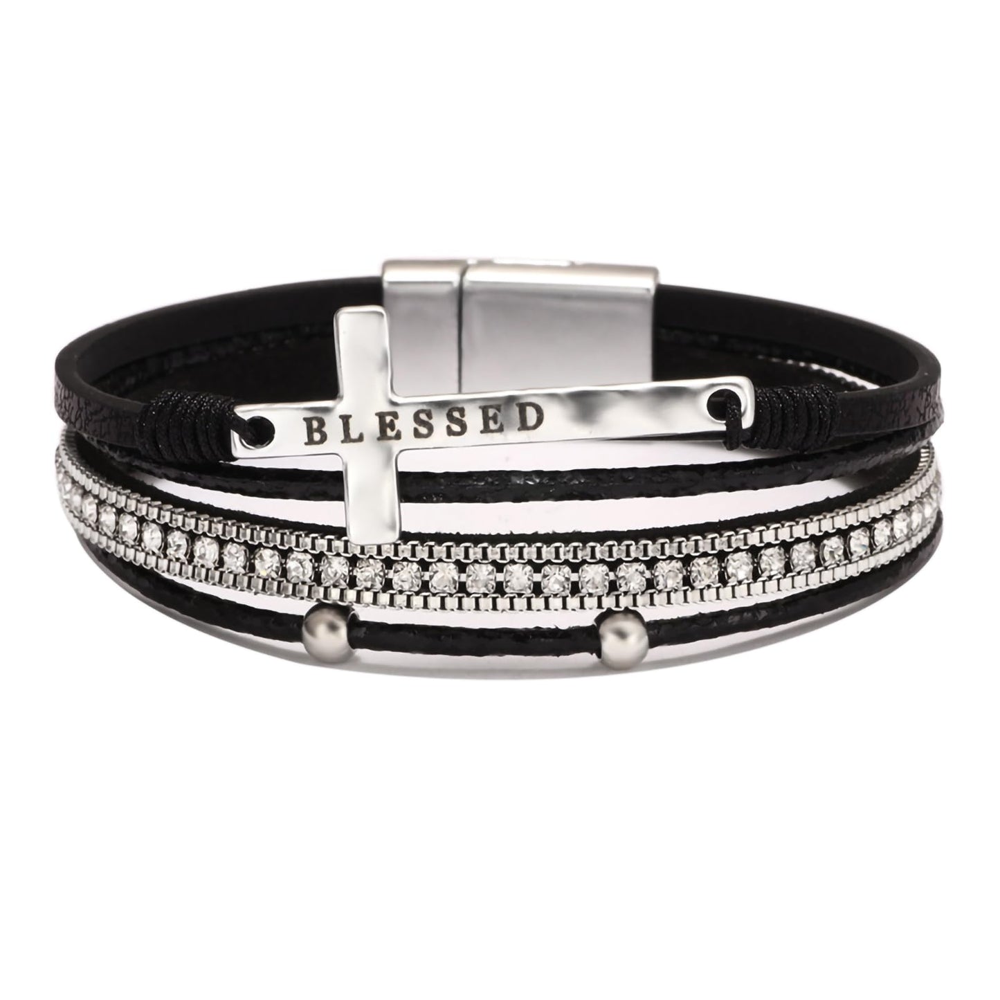 Leopard Bracelet for Women, Boho Leather Wrap Multi-Layer Pearl Crystal Bracelet Bangle Jewelry (Blessed Cross(Black))