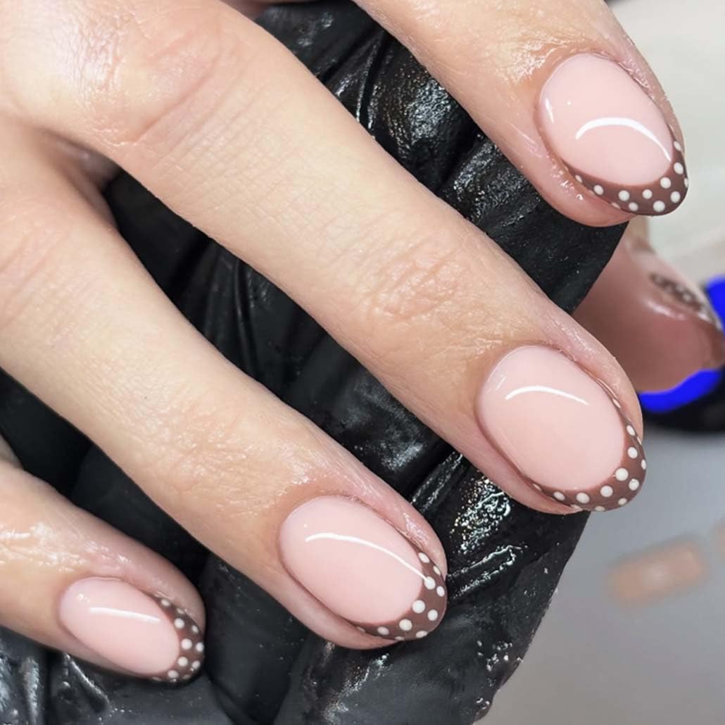 Foccna Extra Short Press on Nails Brown Almond Fake Nails Polka Dots, French Artificial Nails for Women 24pcs (French Polka Dots Nails)