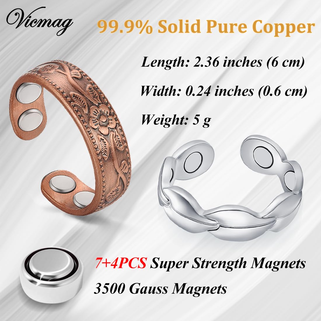 Vicmag Copper Magnetic Ring for Women, Magnetic Rings Ladies Fingers Thumb 100% Solid Pure Copper Jewelry Gift Adjustable (Leave+Folwer Copper)