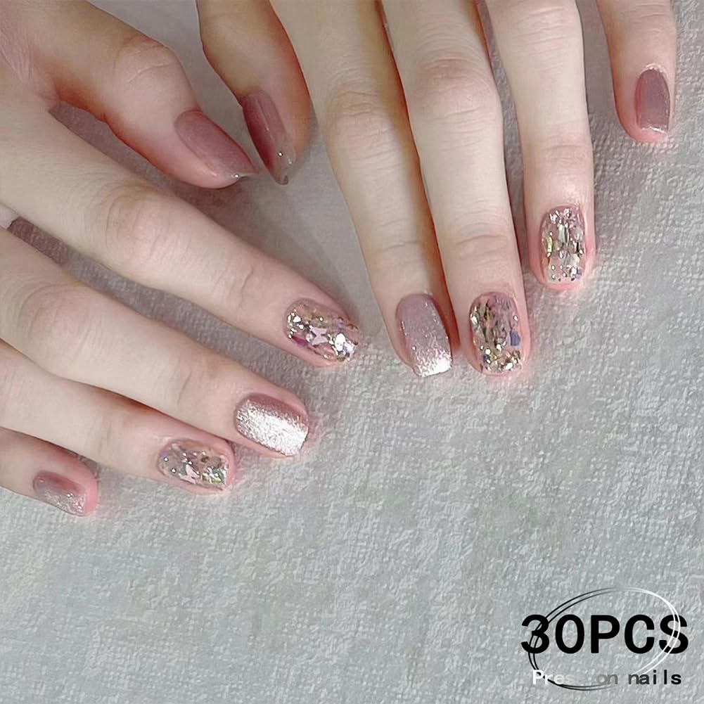 WAFOLOZE Press On Nails Short Square Fake Nails With Glue, Ice Crystal Stone Cat's Eye Nail Press Ons With Exploding Sparkles Design, Artificial False Nails Stick On Nails for Women-30Pcs